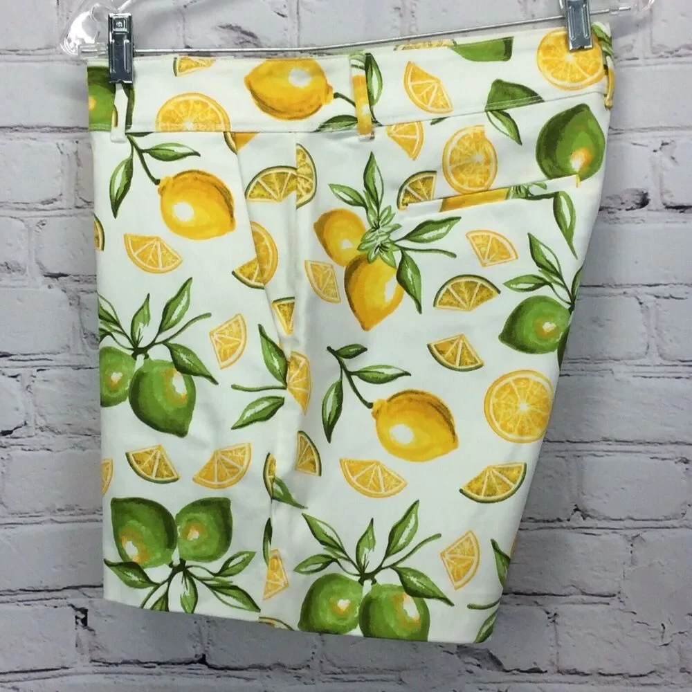 Isaac Mizrahi Tailored Shorts Women Sz 10 Lemon Lime Print Chino Flat Front NWT
